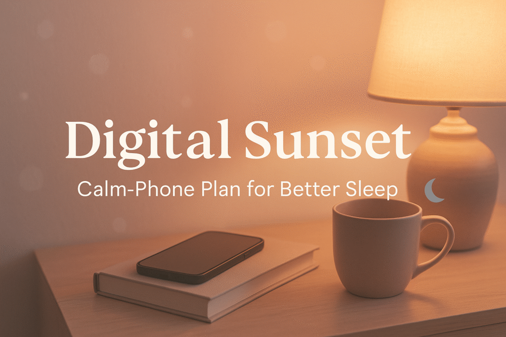 Soft bedroom nightstand with a dim lamp, phone face down on a book next to a mug—quiet, cozy, sleep-ready scene.